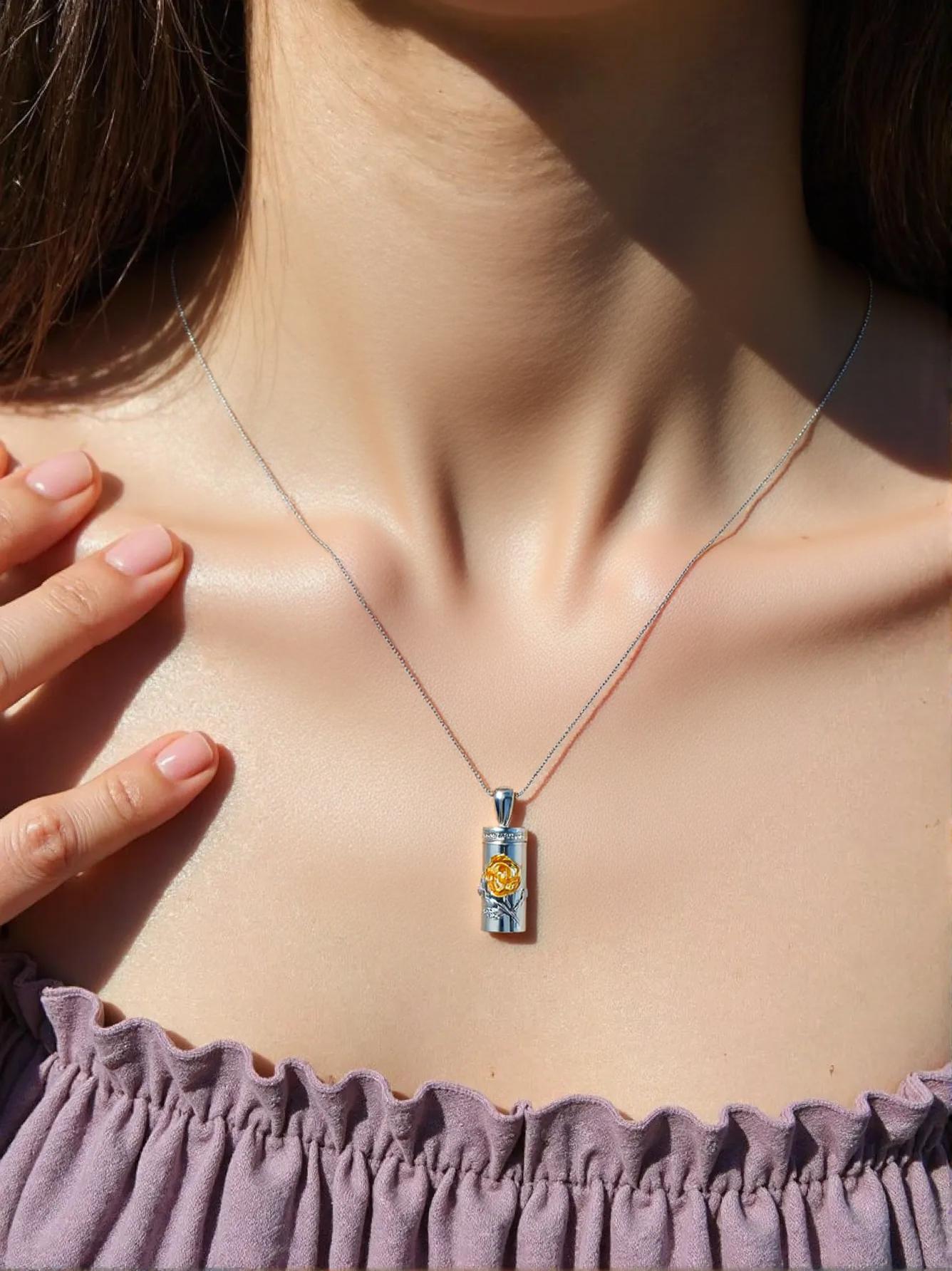 Ashes Keepsake Rose Flower Urn Necklace, Stainless Steel Cylinder Ash Pendant With Hearts, Cremation Jewelry For Women