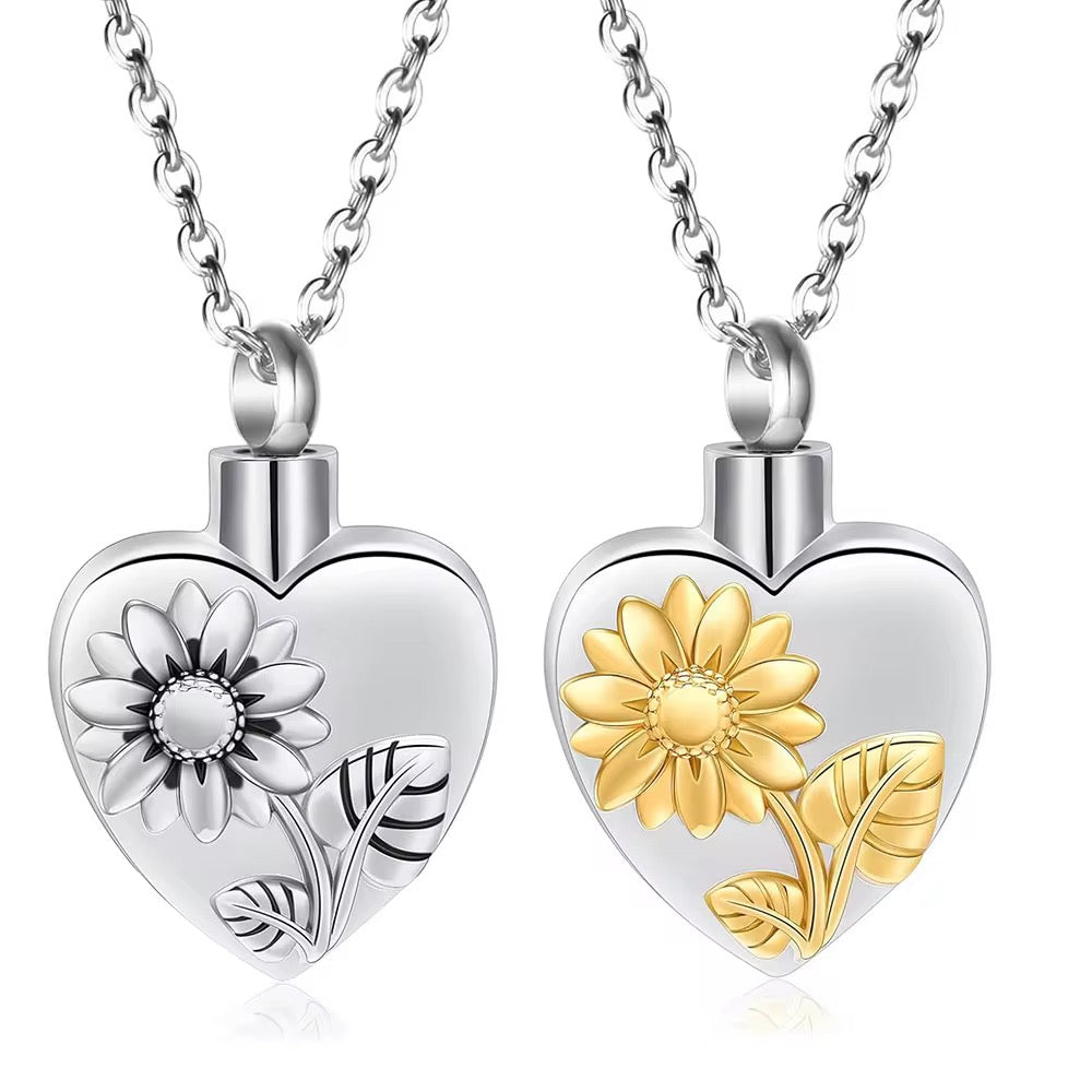 Ashes Keepsake Sunflower Heart Urn Pendant, Stainless Steel Yellow, Silver Flower Urn Necklace Cremation Jewelry