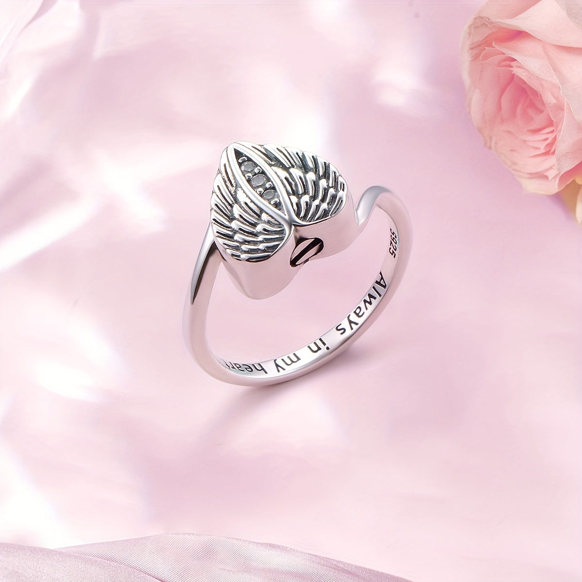 Ashes Keepsake 925 Sterling Silver Angel Wings Urn Heart Ring For Cremains