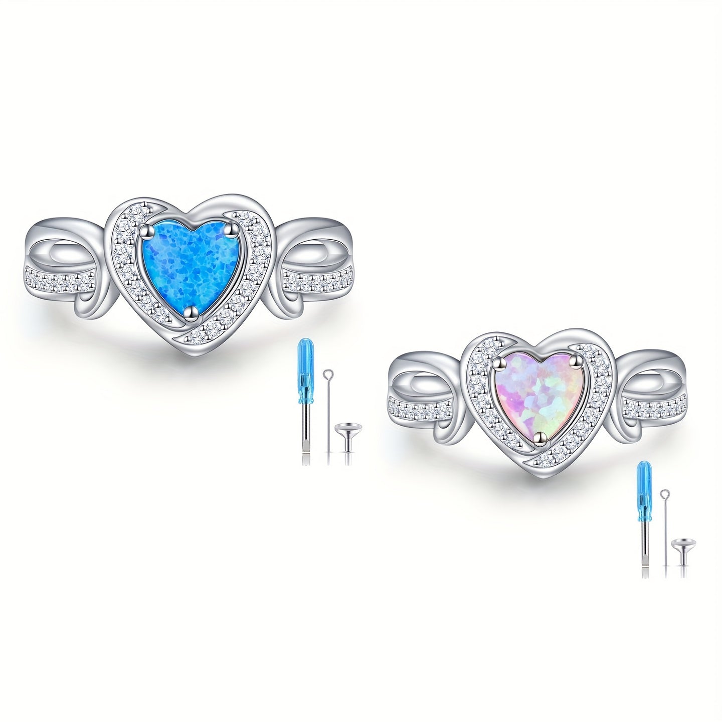 Ashes Keepsake Sterling Silver Opal Heart Urn Ring for Ashes