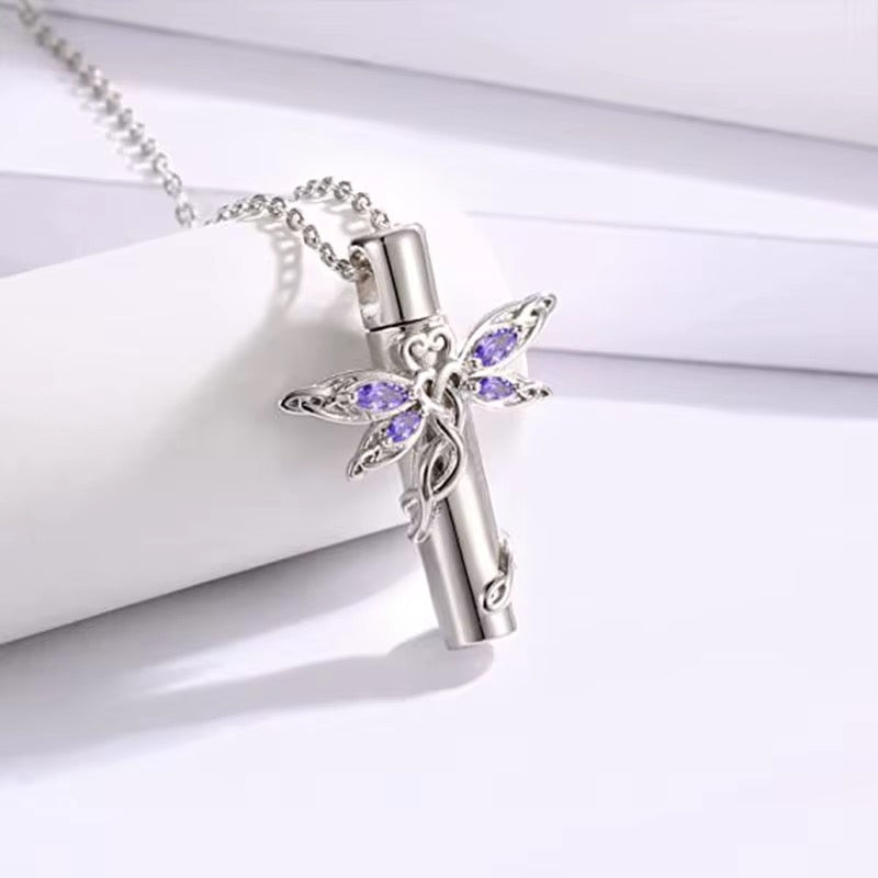 Ashes Keepsake Purple Dragonfly Cylinder Urn Necklace For Women, Stainless Steel Cremation Jewelry