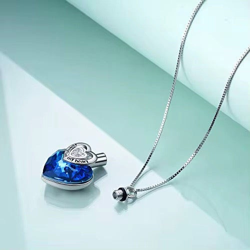 Ashes Keepsake 925 Sterling Silver Blue Heart Urn Necklace / Always in My Heart Cremation Jewelry
