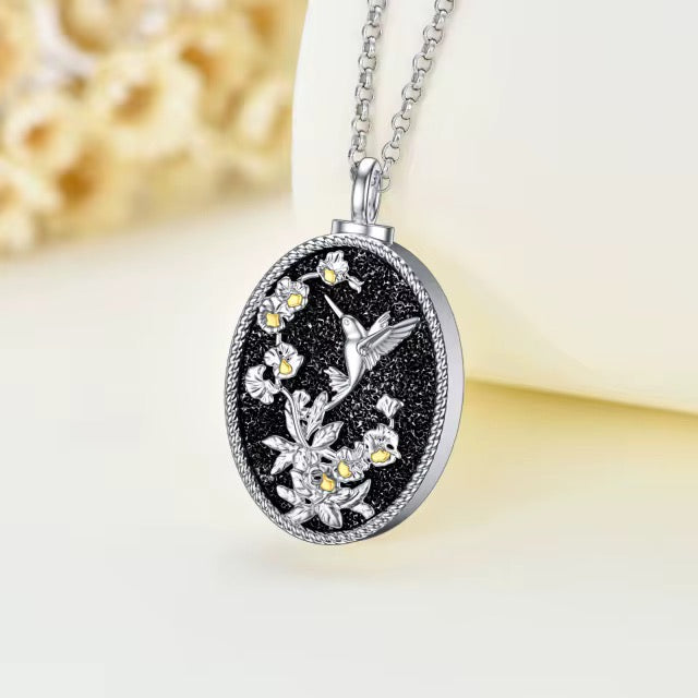 Ashes Keepsake 925 Sterling Silver Hummingbird Urn Necklace For Cremains / Flower and Bird Cremation Jewelry