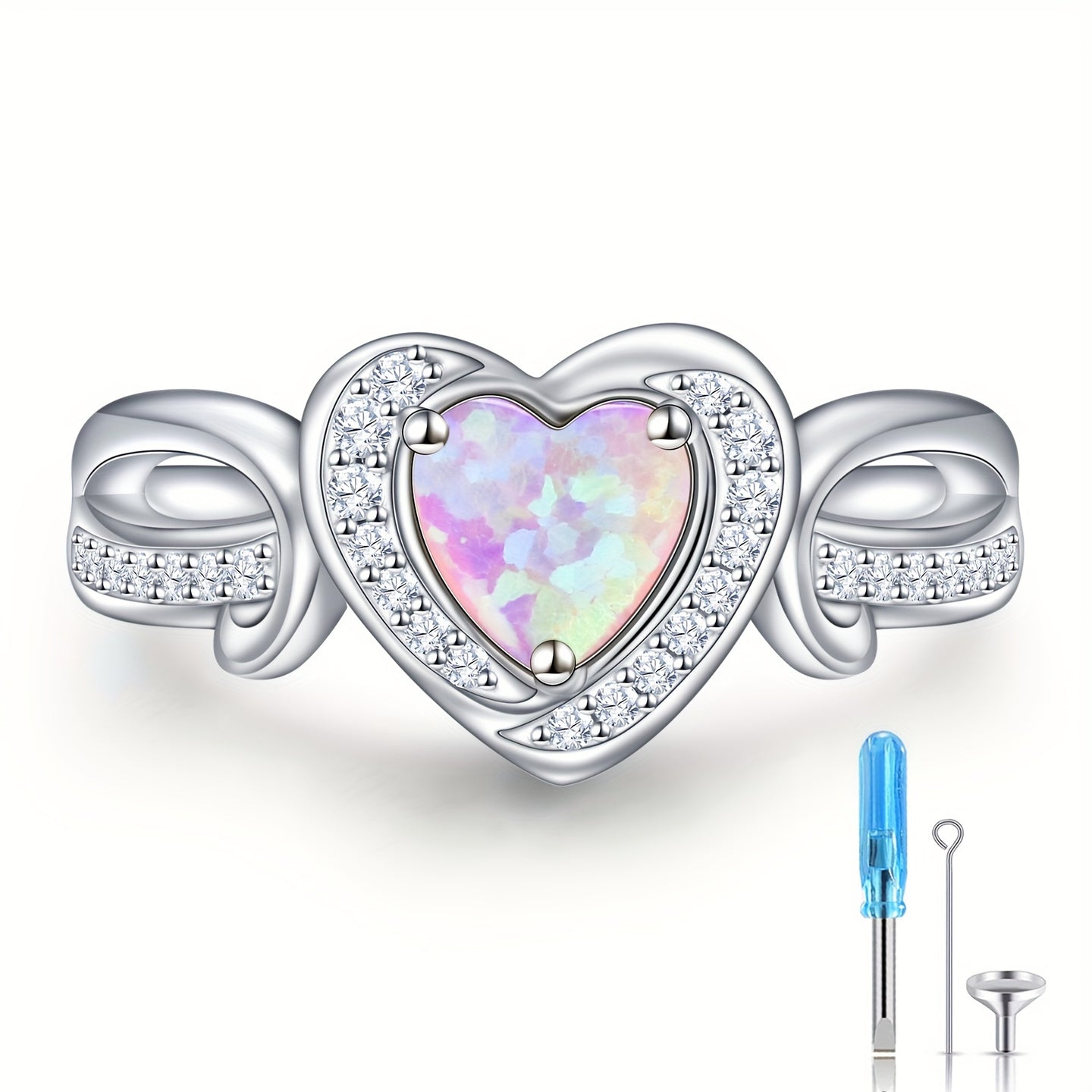 Ashes Keepsake Sterling Silver Opal Heart Urn Ring for Ashes