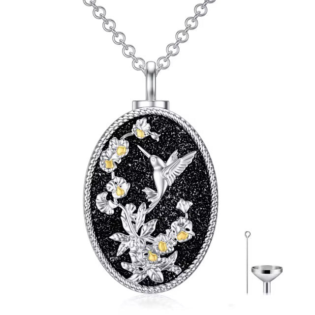 Ashes Keepsake 925 Sterling Silver Hummingbird Urn Necklace For Cremains / Flower and Bird Cremation Jewelry