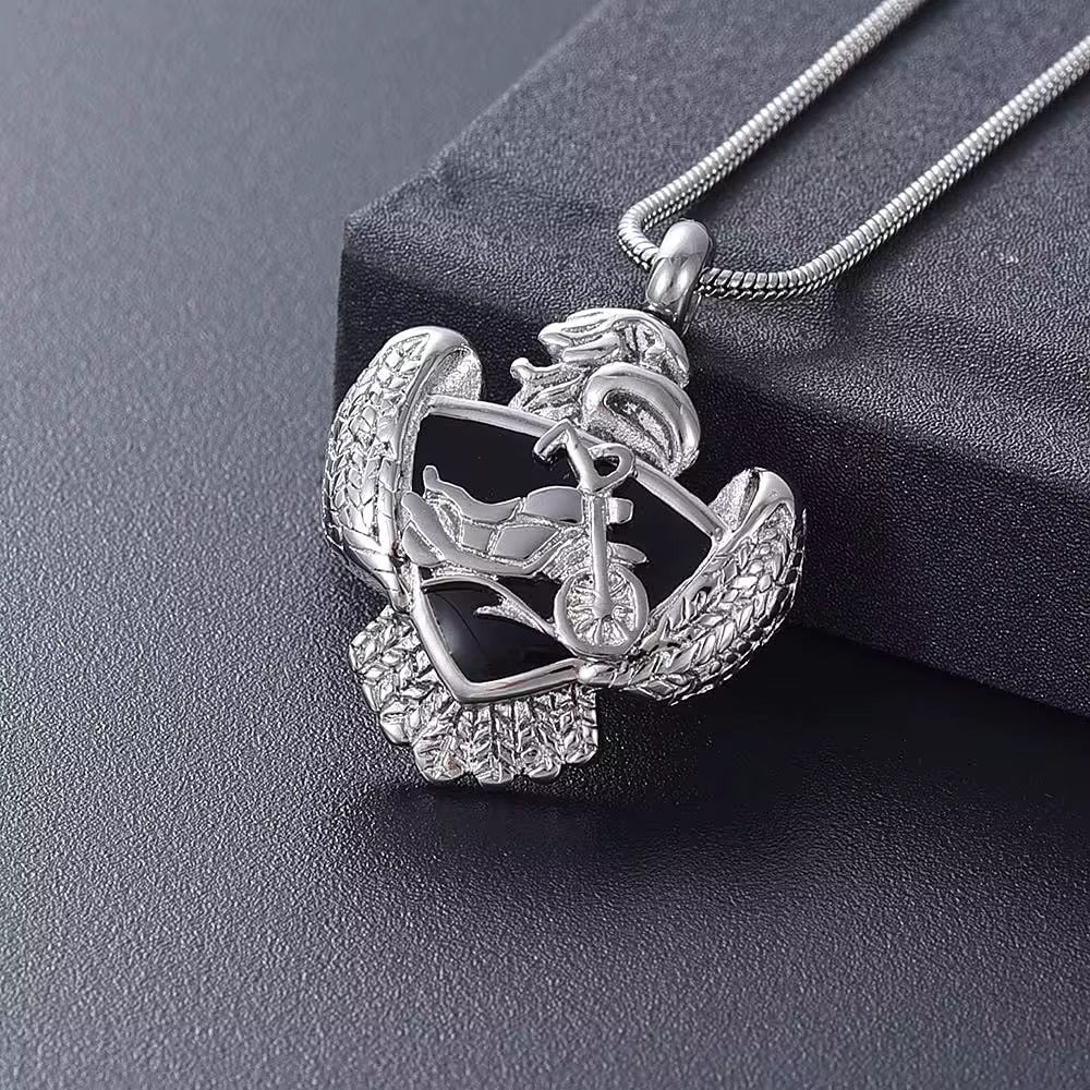 Ashes Keepsake Stainless Steel Eagle And Motorcycle Urn Cremation Jewelry For Humans, American Men’s Memorial CremationJewelry
