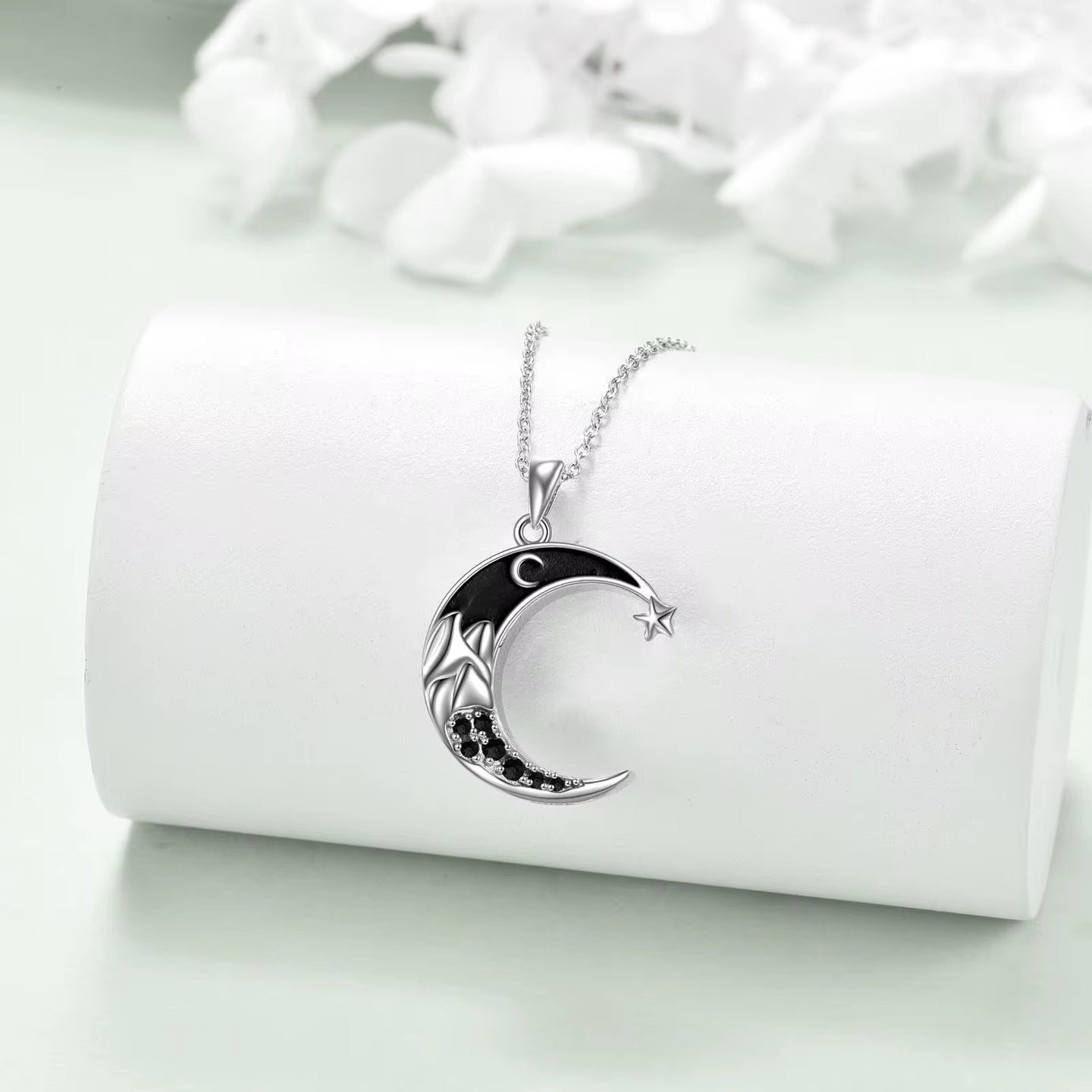 Ashes Keepsake 925 Sterling Silver Crescent Moon Urn Necklace With Star And Black Zirconia / Cremation Jewelry