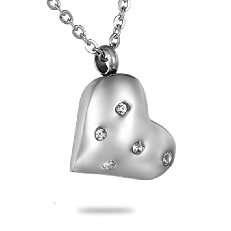 Ashes Keepsake Stainless Steel Heart Urn Pendant With White Small Zirconia Crystals, Memorial Cremation Jewelry For Women