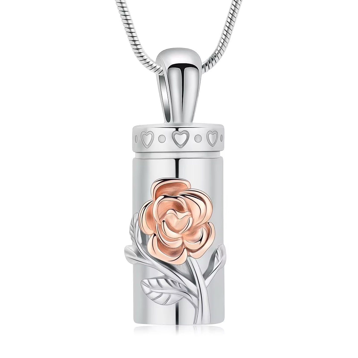 Ashes Keepsake Rose Flower Urn Necklace, Stainless Steel Cylinder Ash Pendant With Hearts, Cremation Jewelry For Women