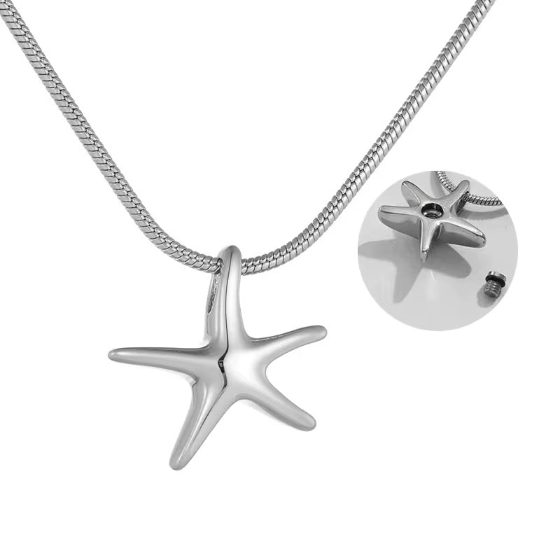 Ashes Keepsake Starfish Urn Necklace, Stainless Steel Sea Star Cremation Jewelry
