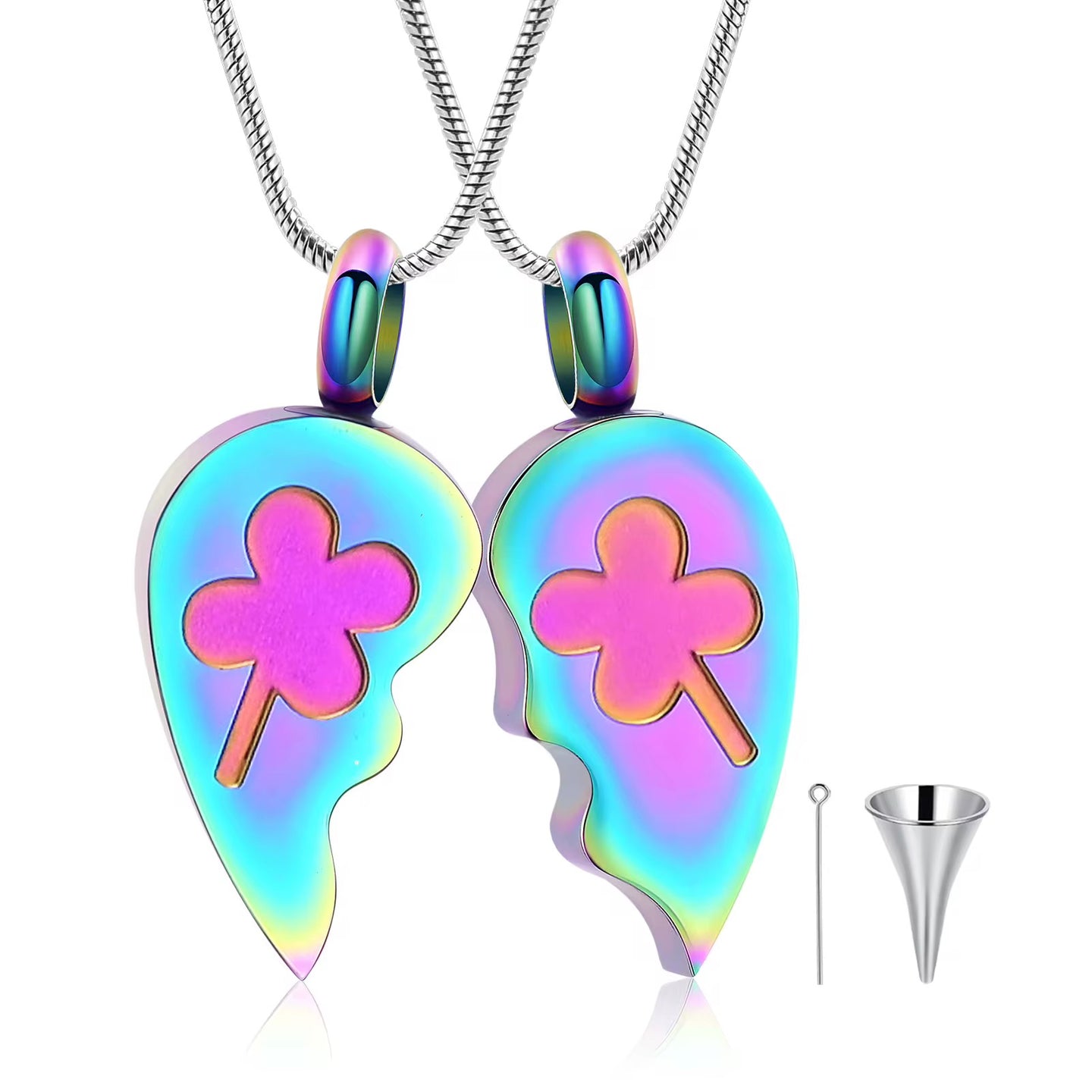 Ashes Keepsake Two-Piece Lucky Clover Charm Urn Necklace For Remains, Stainless Steel Cremation Jewelry In Silver, Gold, Black, Multi