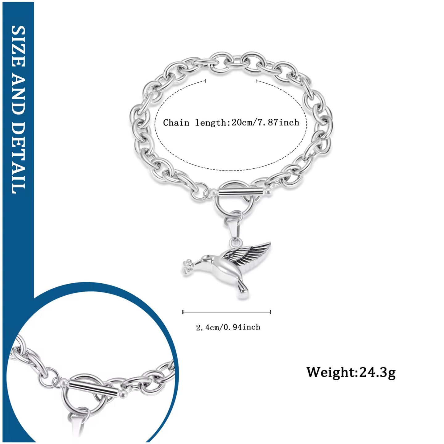 Ashes Keepsake Hummingbird Urn Bracelet For Remains, Stainless Steel Cremation Jewelry For Women