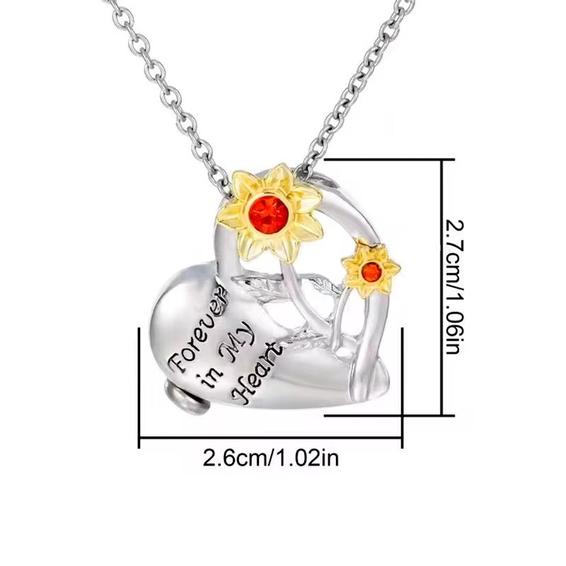 Ashes Keepsake Sunflower Urn Necklace, Forever in My Heart Cremation Jewelry