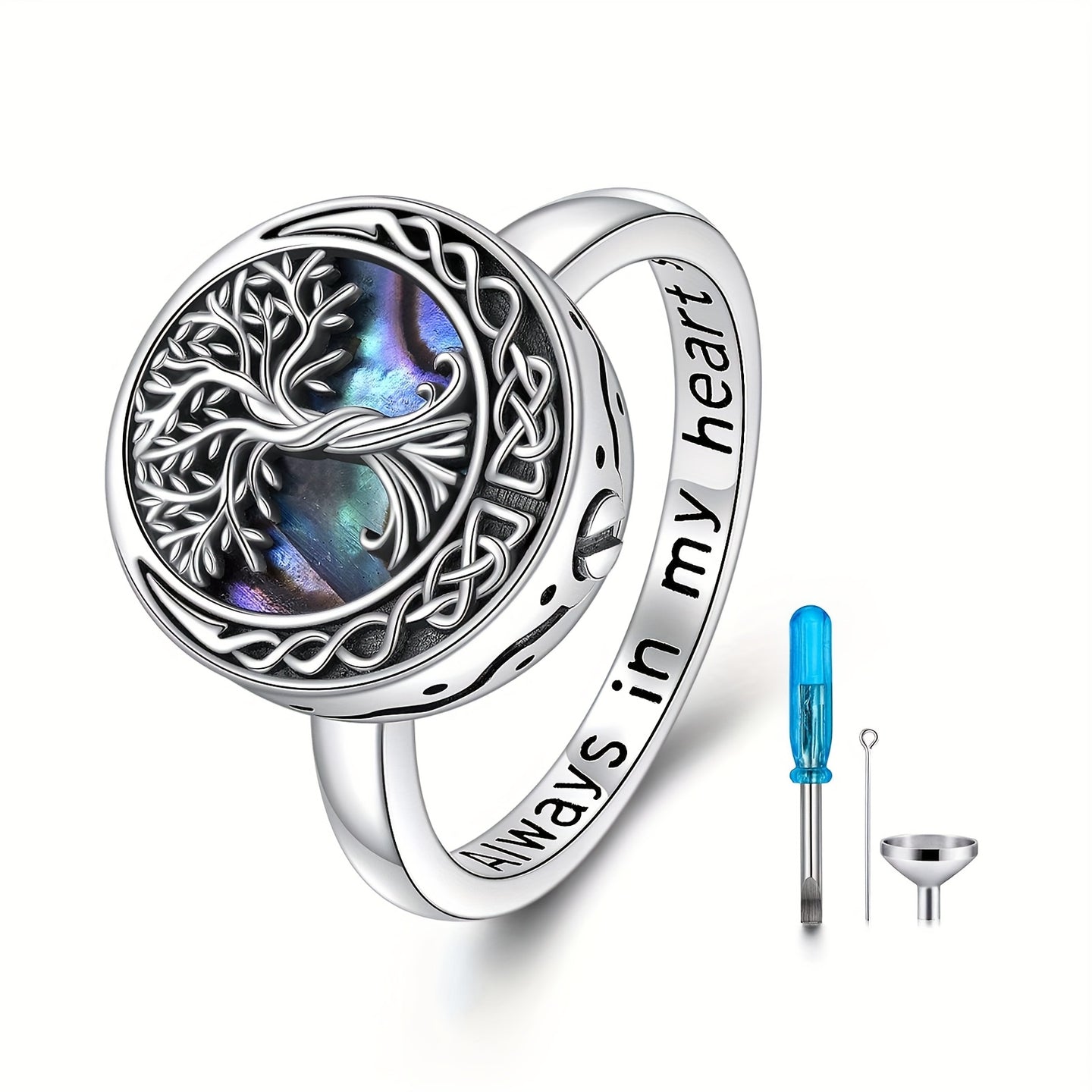 Ashes Keepsake Tree of Life Ring 925 Sterling Silver Ashes Compartment Abalone Shell Cremation Jewelry