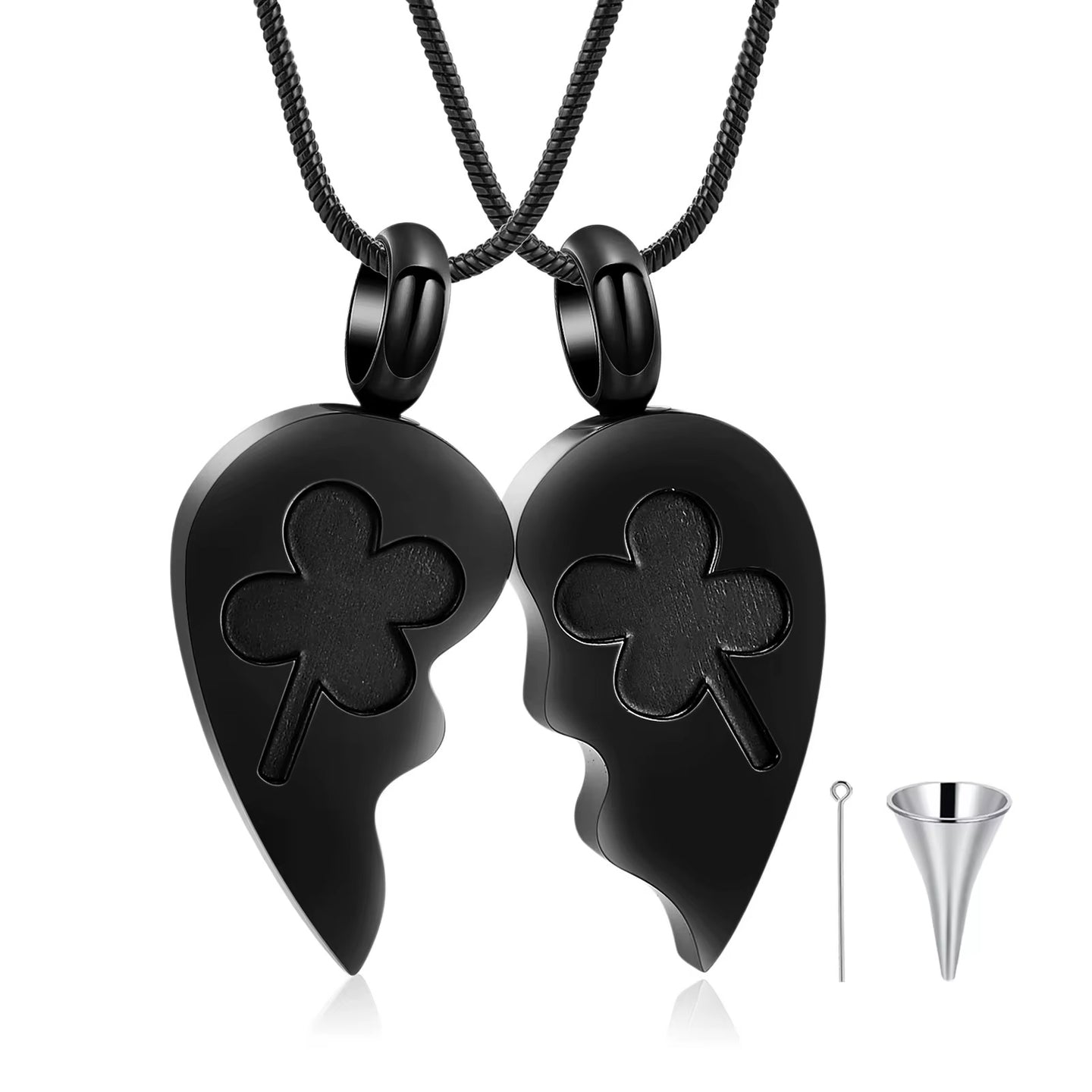 Ashes Keepsake Two-Piece Lucky Clover Charm Urn Necklace For Remains, Stainless Steel Cremation Jewelry In Silver, Gold, Black, Multi