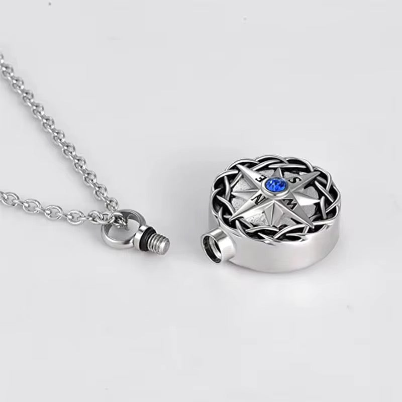 Ashes Keepsake Navigation Compass Urn Necklace With Deep Blue Crystal, Unisex Cremation Jewelry For Ashes