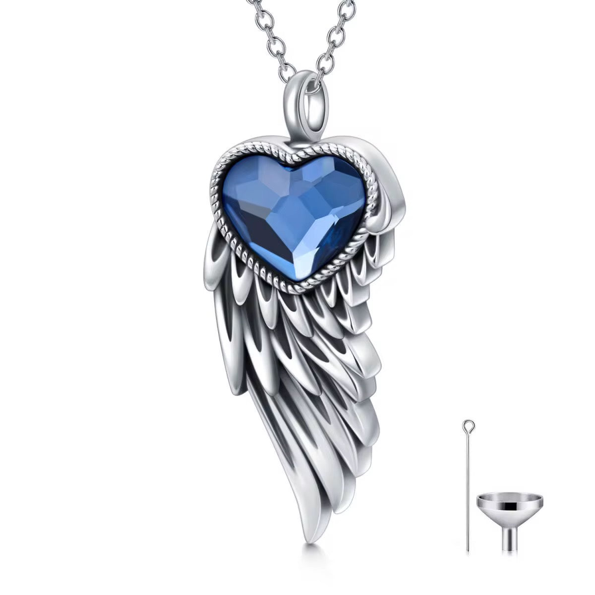 Ashes Keepsake 925 Sterling Silver Blue Heart And Wing Urn Necklace For Ashes / Memorial Jewelry