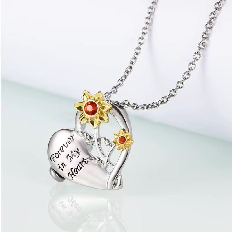 Ashes Keepsake Sunflower Urn Necklace, Forever in My Heart Cremation Jewelry
