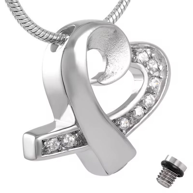 Ashes Keepsake Ribbon Heart Urn Necklace For Cremains With Zirconia Crystals, Bow Cremation Jewelry