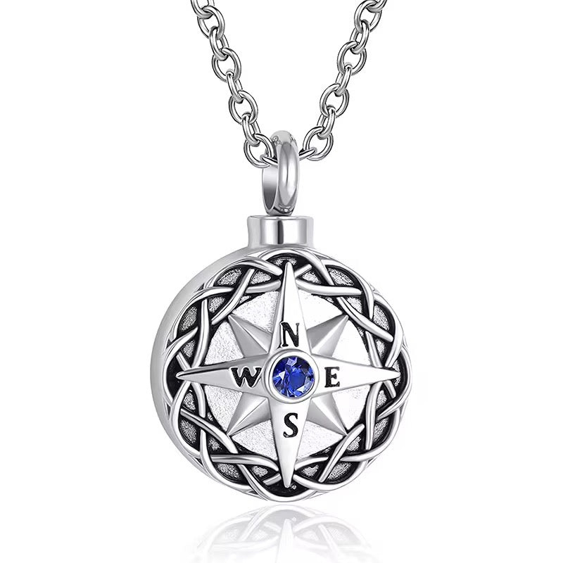 Ashes Keepsake Navigation Compass Urn Necklace With Deep Blue Crystal, Unisex Cremation Jewelry For Ashes