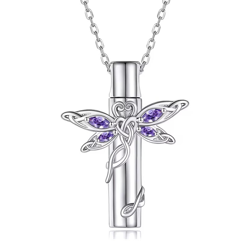 Ashes Keepsake Purple Dragonfly Cylinder Urn Necklace For Women, Stainless Steel Cremation Jewelry