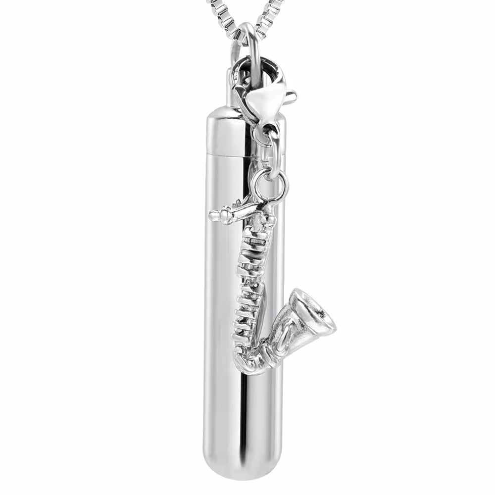 Ashes Keepsake Saxophone Urn Necklace, Stainless Steel Jazz Saxophonist Memorial Jewelry For Remains