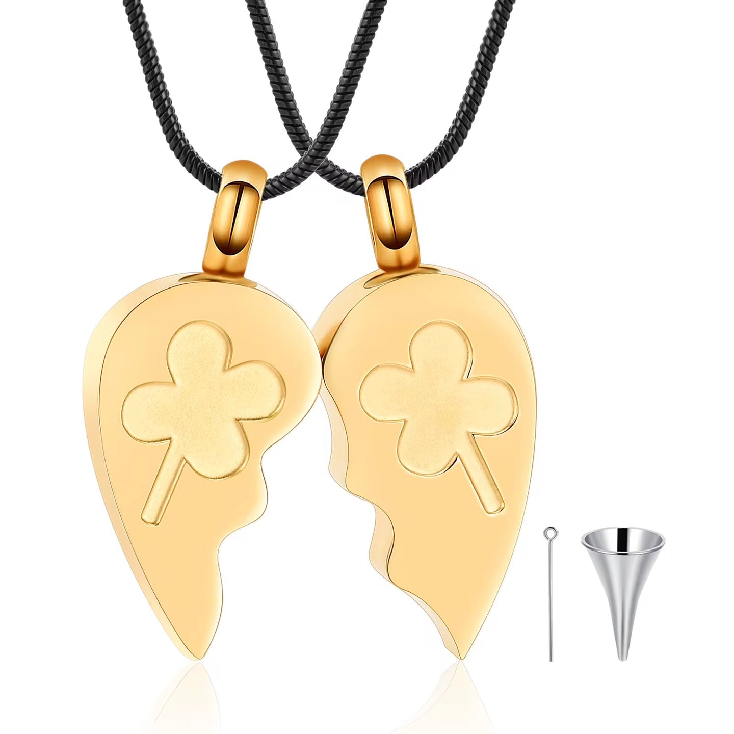 Ashes Keepsake Two-Piece Lucky Clover Charm Urn Necklace For Remains, Stainless Steel Cremation Jewelry In Silver, Gold, Black, Multi
