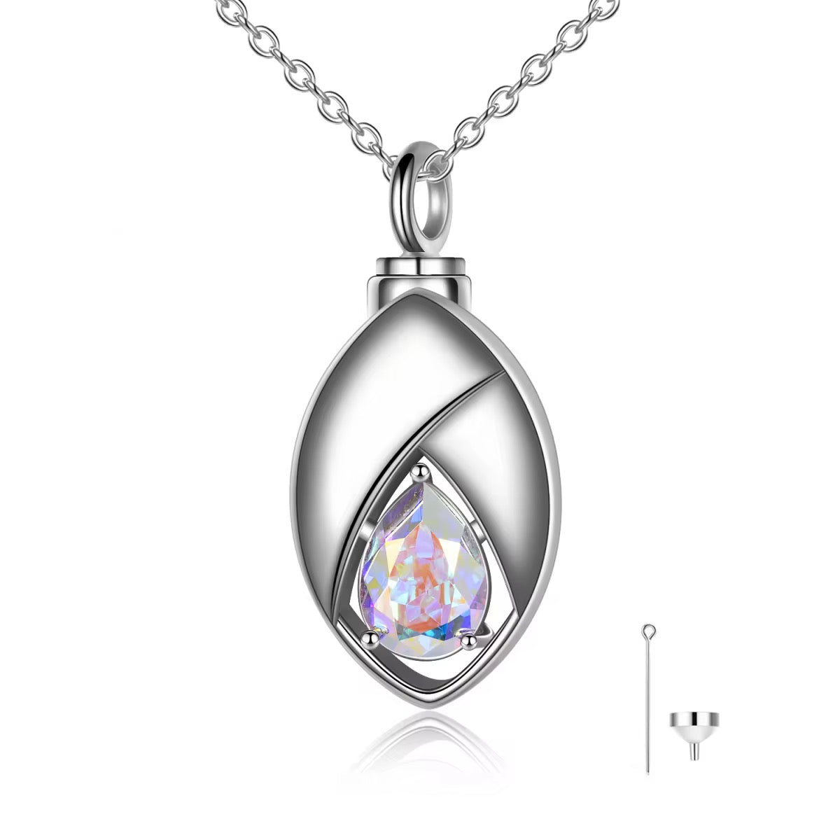 Ashes Keepsake 925 Sterling Silver Zirconia Teardrop Urn Necklace For Cremains / Cremation Jewelry