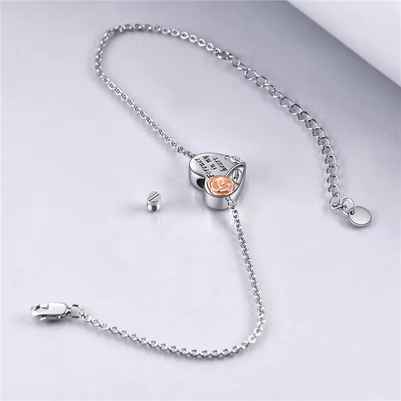 Ashes Keepsake 925 Sterling Silver Forever in My Heart Urn Bracelet With Rose Gold Rose, Ash Holder For Women, Adjustable Cremation Jewelry