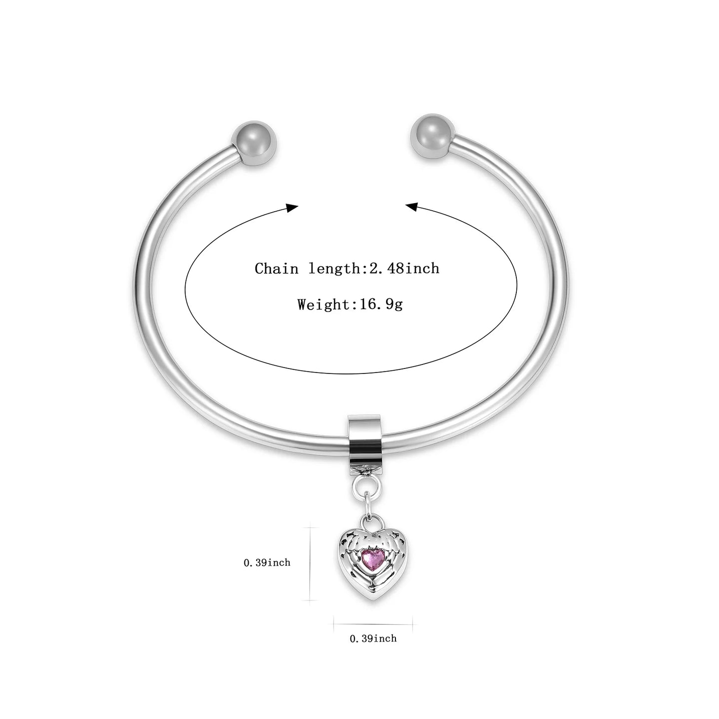 Crystal Heart Charm Urn Bracelet Stainless Steel