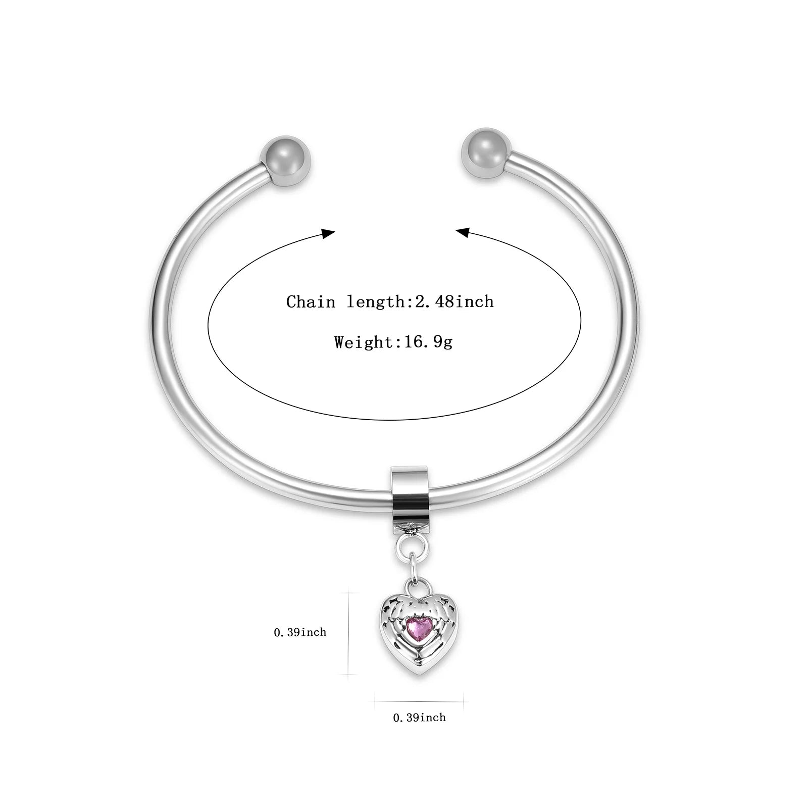 Crystal Heart Charm Urn Bracelet Stainless Steel