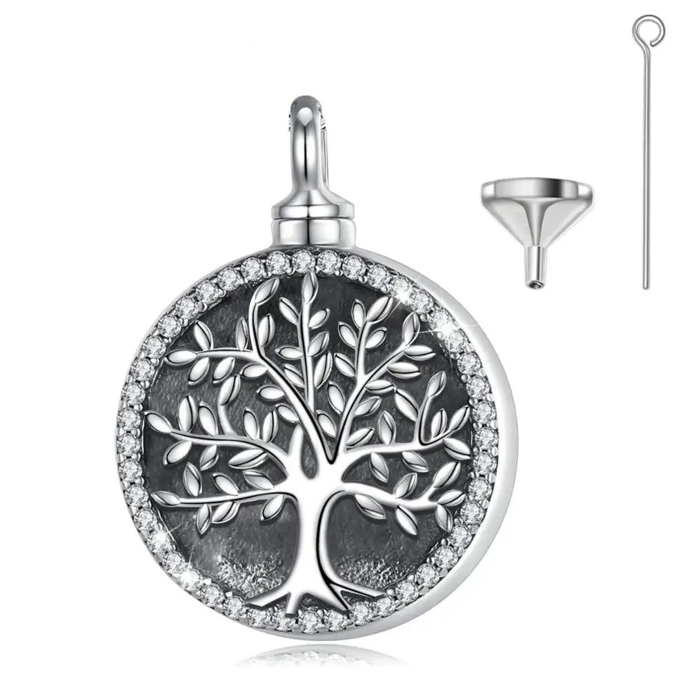 Sterling Silver Round Locket Tree of Life Crystal CZ Urn Necklace