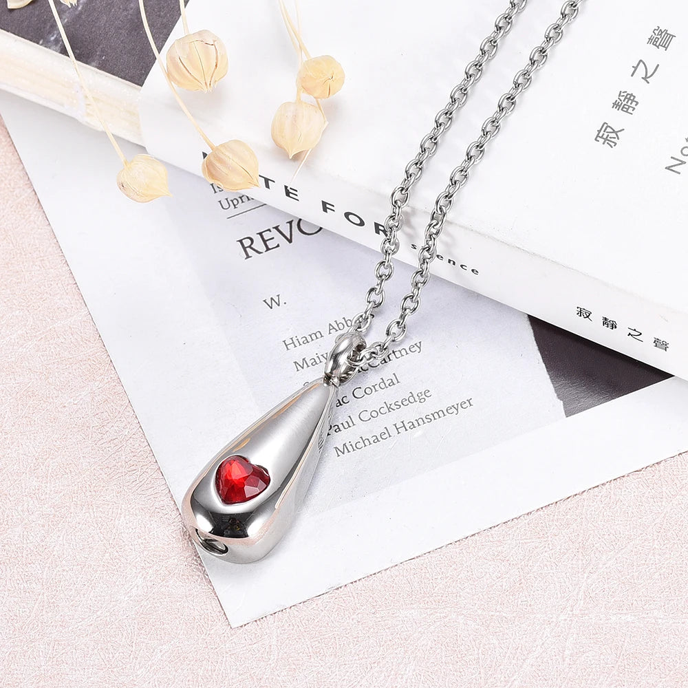 Teardrop Red Heart Cremation Urn Necklace