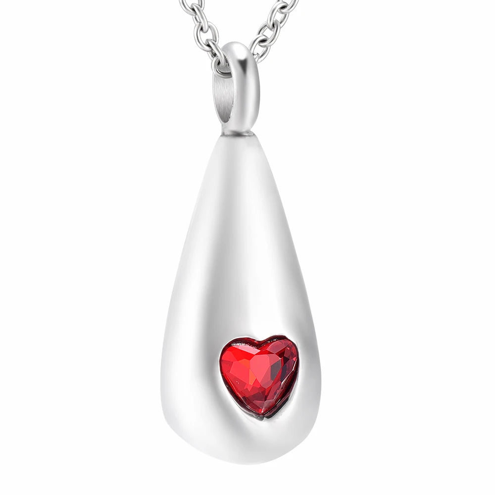 Teardrop Red Heart Cremation Urn Necklace