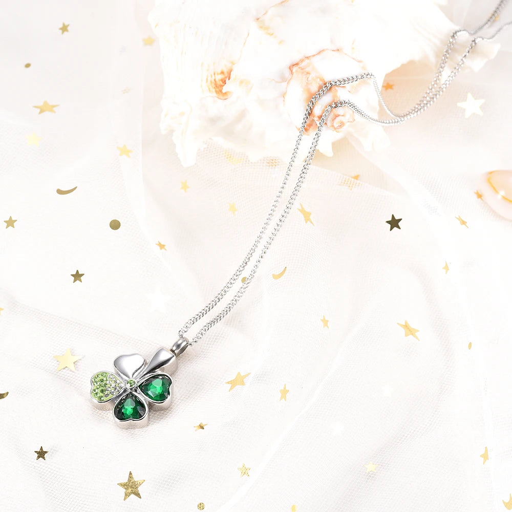 Cremation Jewelry Clover Leaf Urn Necklace With Zirconia