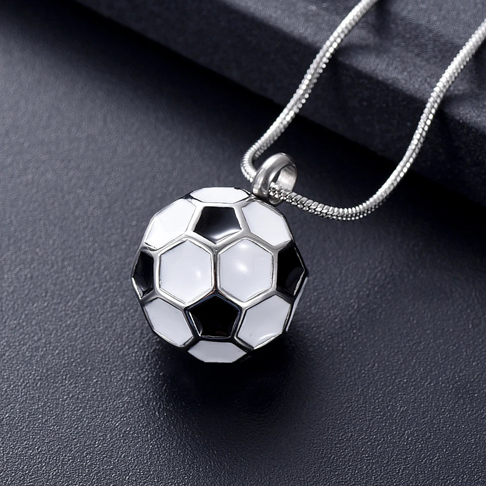 Ashes Keepsake Soccer Ball Urn Necklace, Enamel Stainless Steel Cremation Jewelry For Men