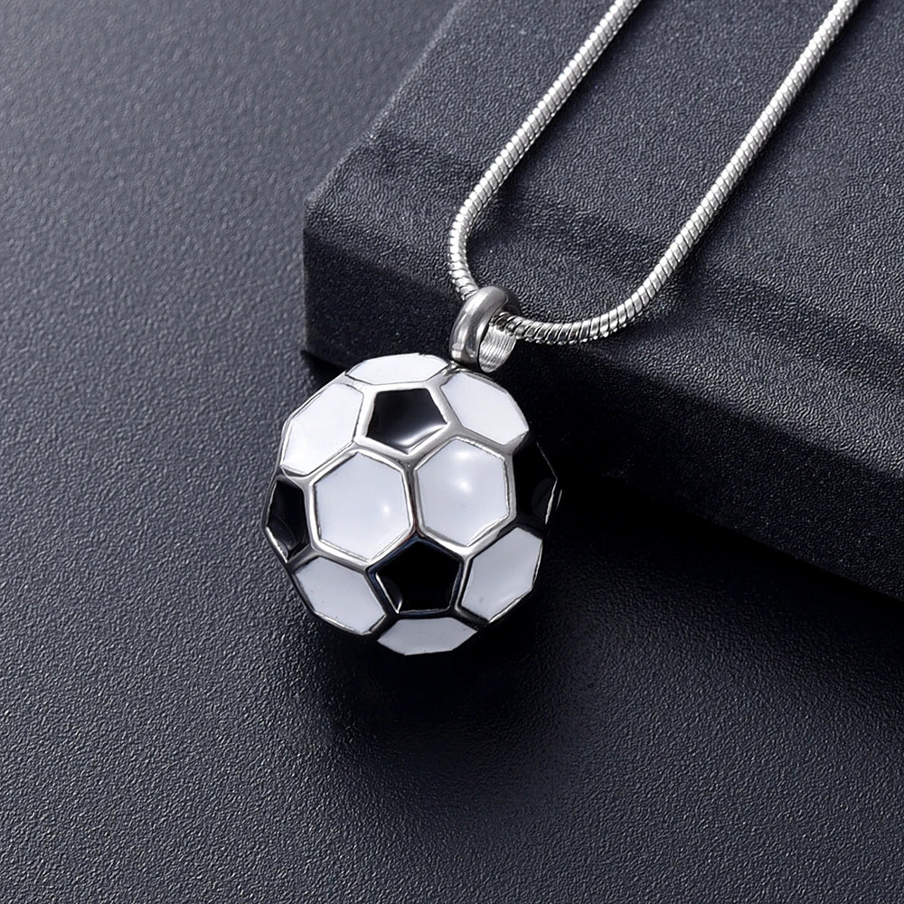 Ashes Keepsake Soccer Ball Urn Necklace, Enamel Stainless Steel Cremation Jewelry For Men
