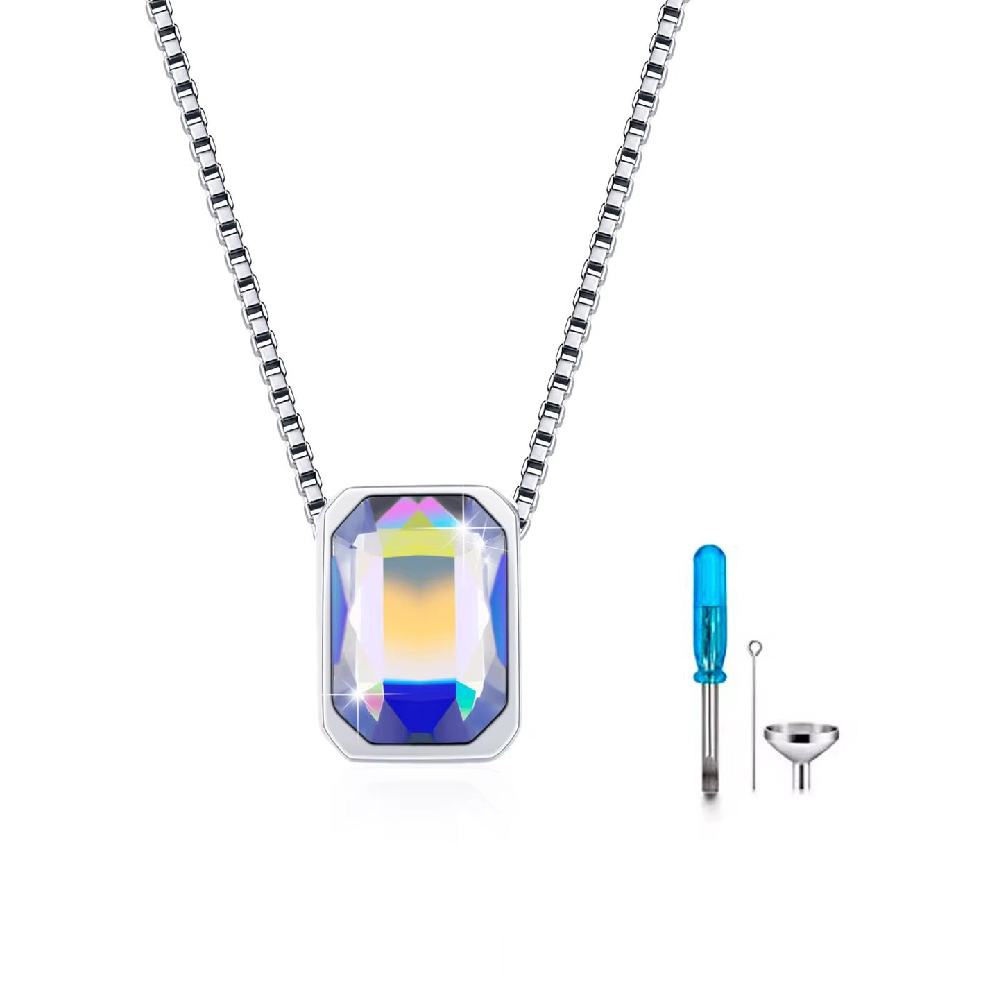 Ashes Keepsake 925 Sterling Silver Zirconia Rectangle Urn Necklace For Ashes / Cremation Jewelry