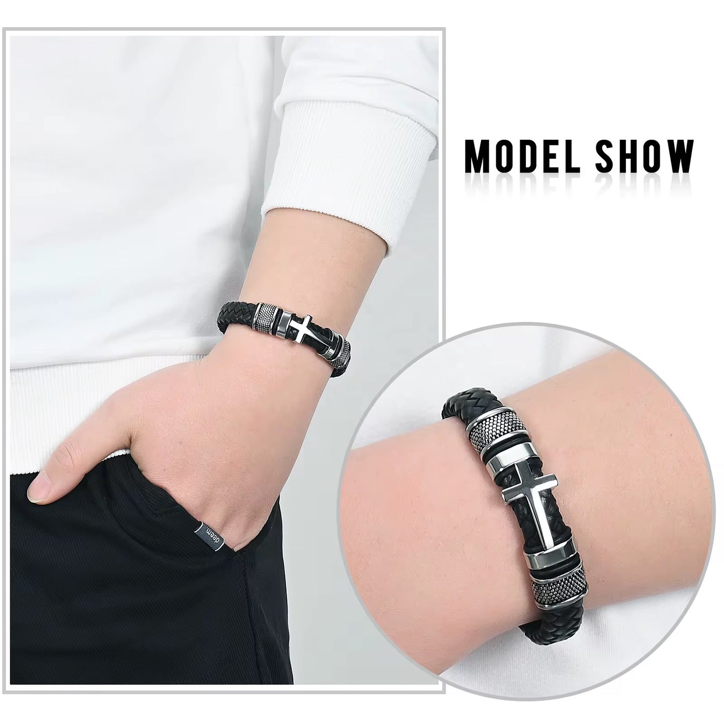 Ashes Keepsake Silver Stainless Steel & Genuine Leather Men's Urn Bracelet / Urn Bracelet