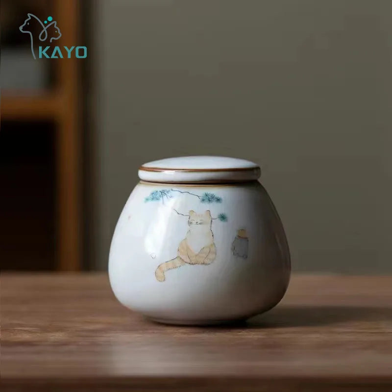 Glazed Hand Painted Ceramic Cat Urn