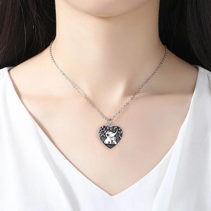 Elephants in a Heart Urn Necklace Stainless Steel