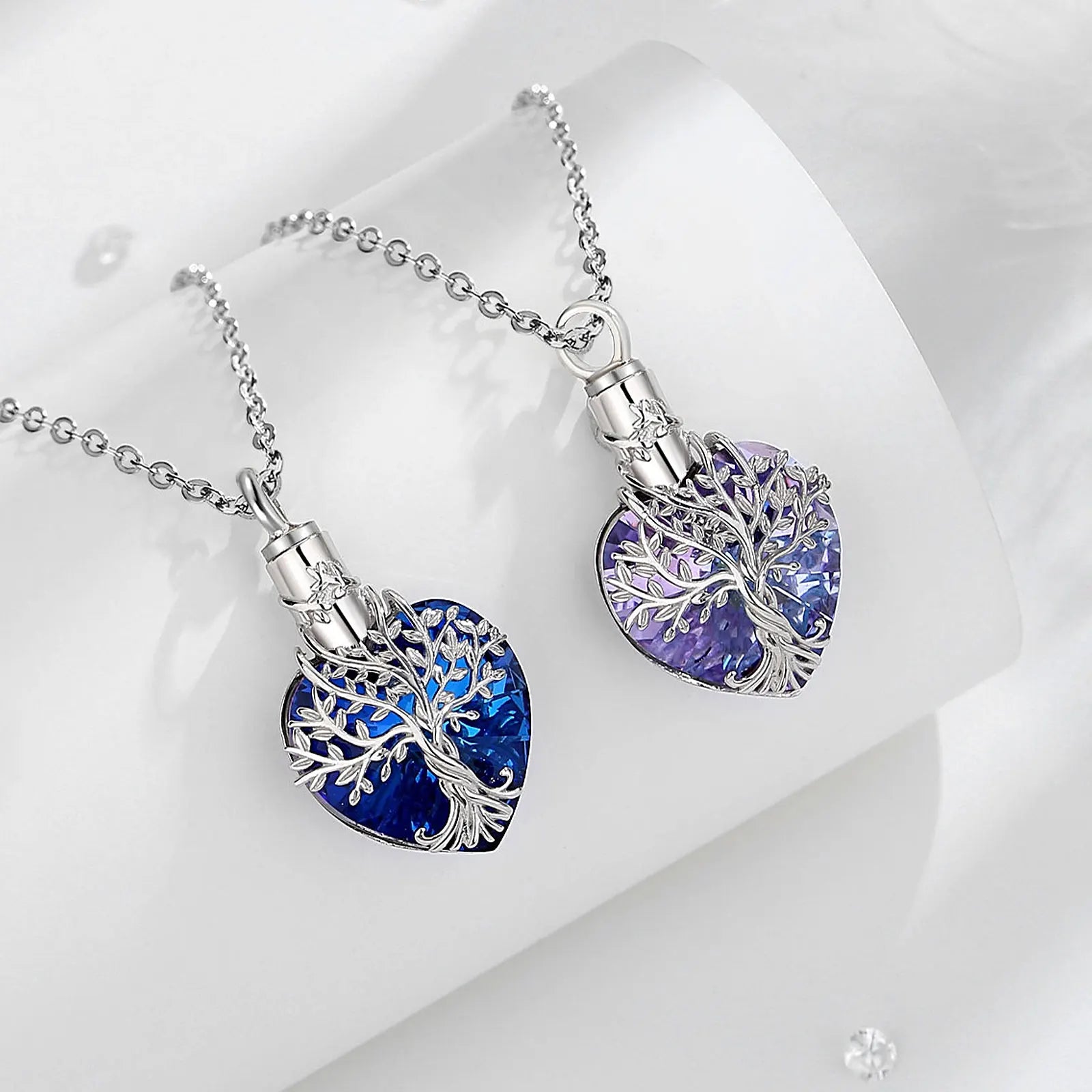 925 Sterling Silver Tree of Life Ashes Urn Pendant Necklace With Purple Austrian Crystal