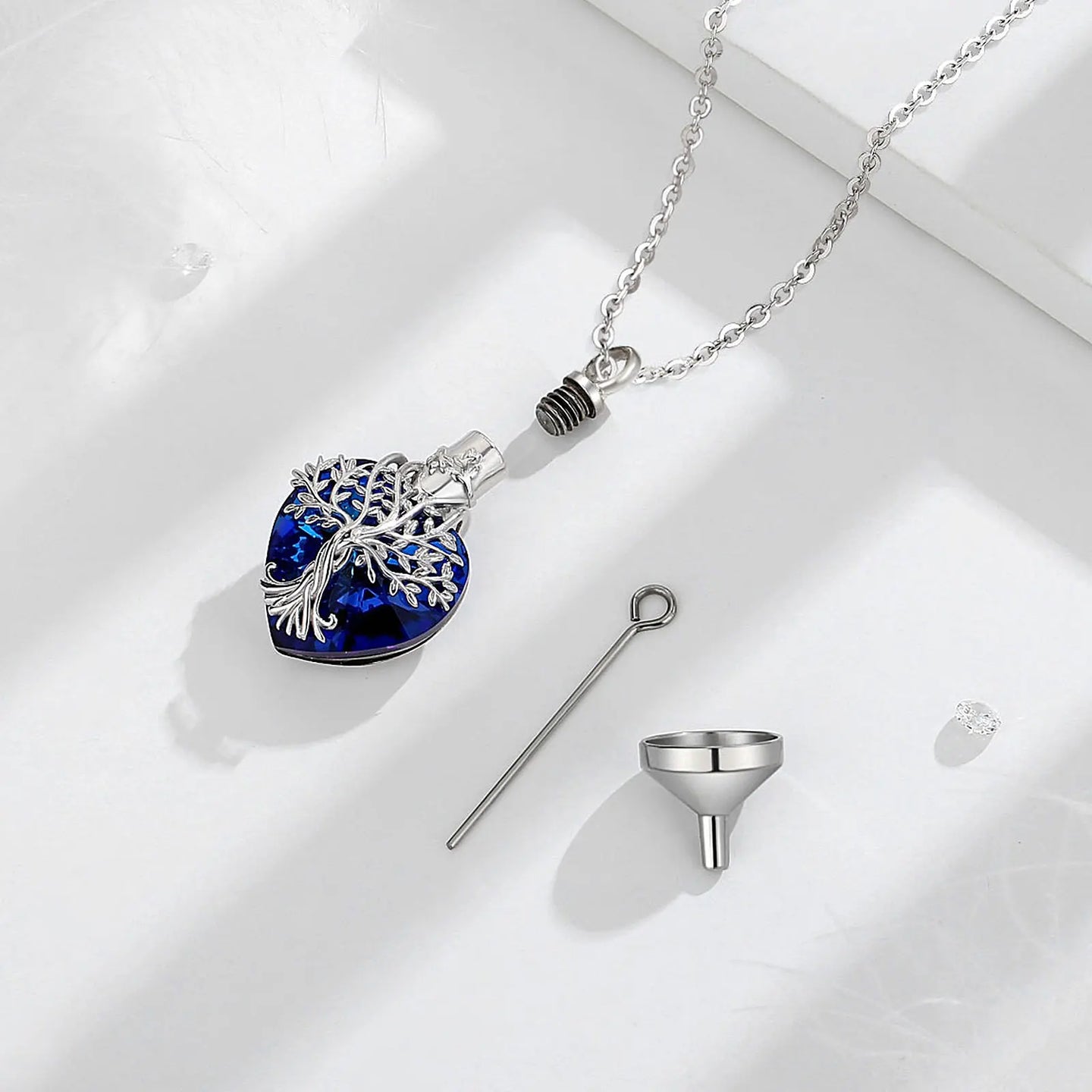 Sterling Silver Tree of Life Blue Austrian Crystal Urn Necklace