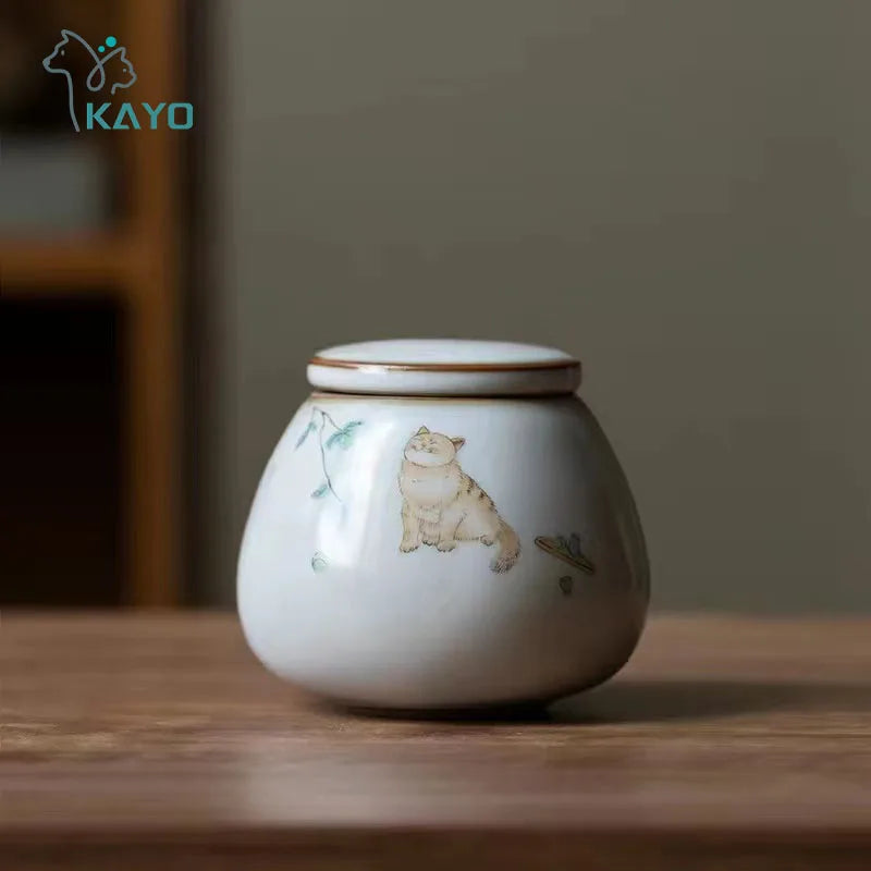 Glazed Hand Painted Ceramic Cat Urn