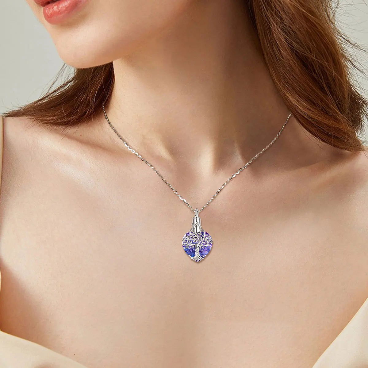 925 Sterling Silver Tree of Life Ashes Urn Pendant Necklace With Purple Austrian Crystal