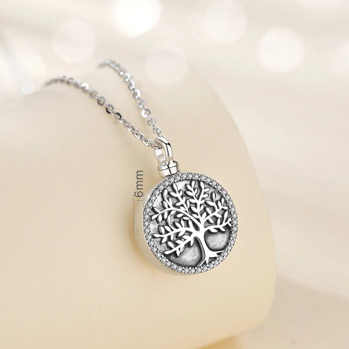 Sterling Silver Round Locket Tree of Life Crystal CZ Urn Necklace