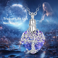 925 Sterling Silver Tree of Life Ashes Urn Pendant Necklace With Purple Austrian Crystal