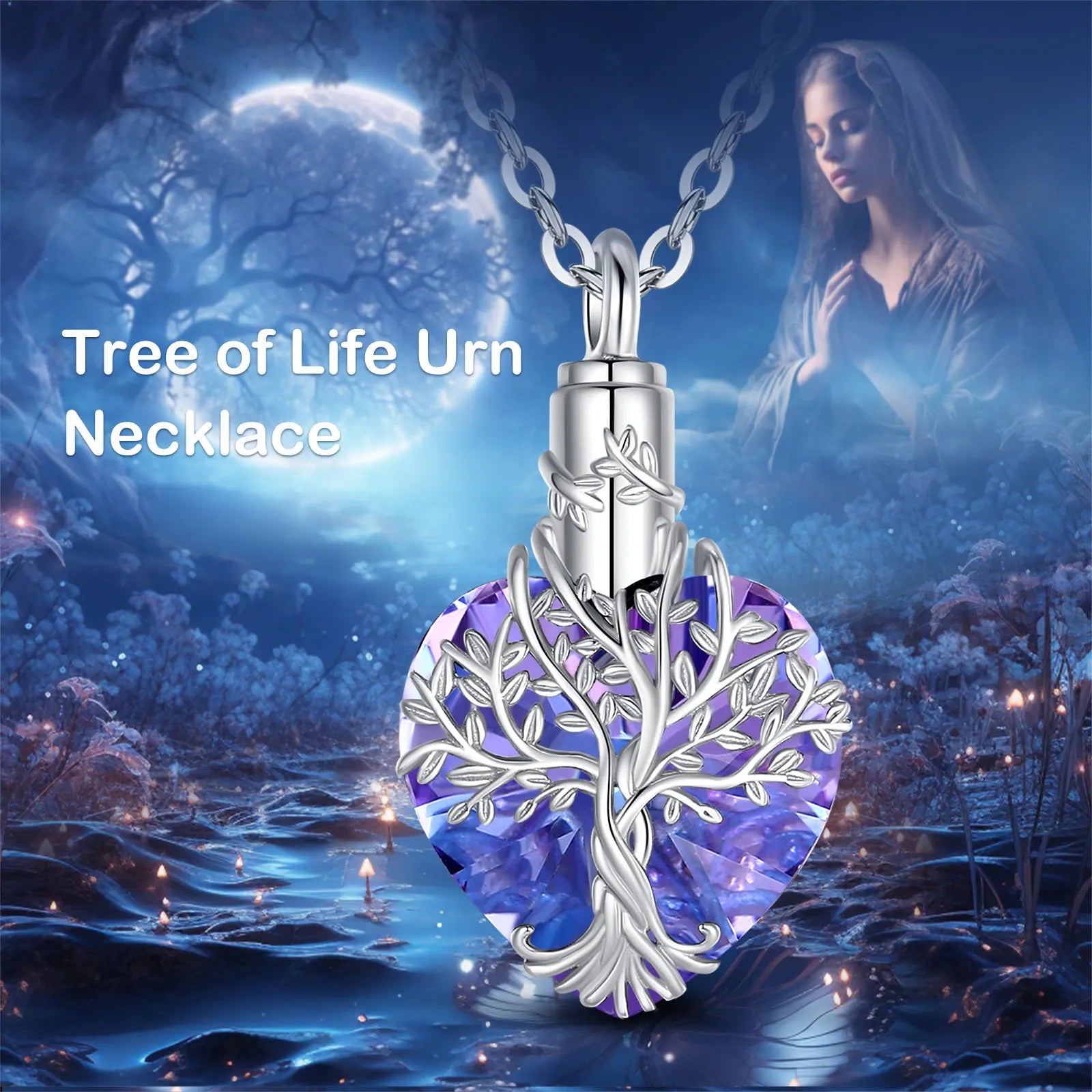 925 Sterling Silver Tree of Life Ashes Urn Pendant Necklace With Purple Austrian Crystal