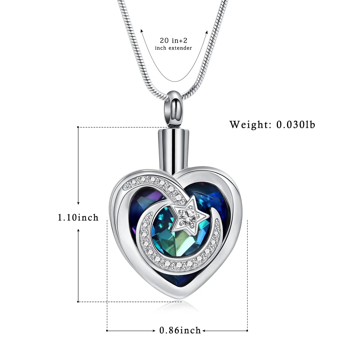 Ashes Keepsake Moon and Star Urn Necklace for Ashes With Crystal Heart Cremation Jewelry