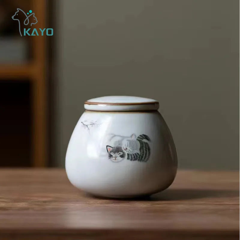 Glazed Hand Painted Ceramic Cat Urn
